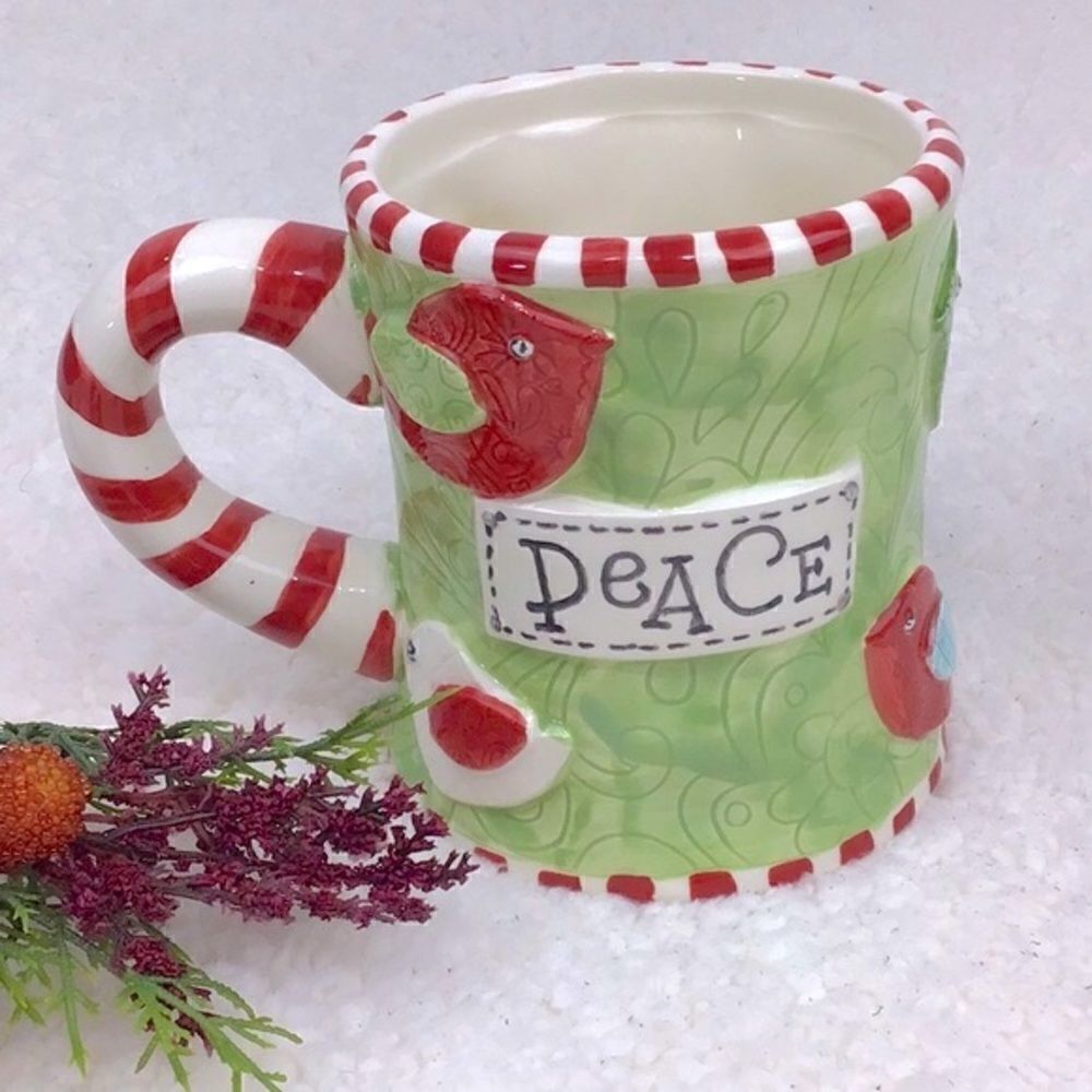 MudPie Candy Cane Christmas PEACE Bird Mug